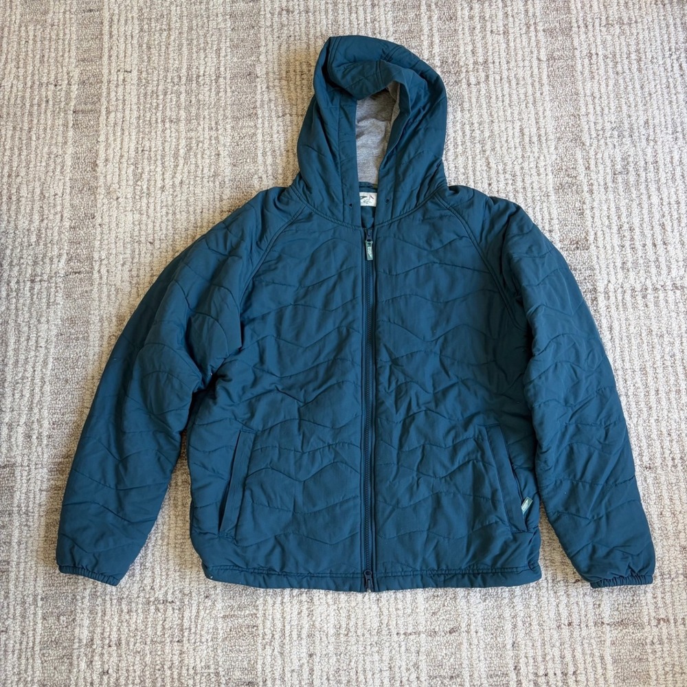 Wellen Mens Quilted Hoodie Jacket Teal Blue Wave Pattern Full Zip Size Large
